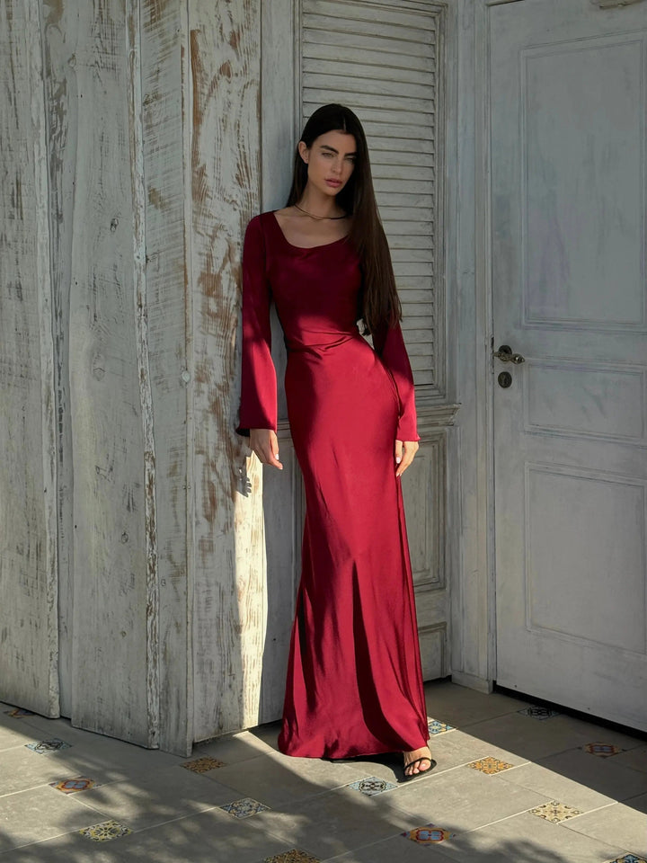 Satin Maxi Dress Womens - Formal Long Sleeve Gown Seraphina - Heston Manor