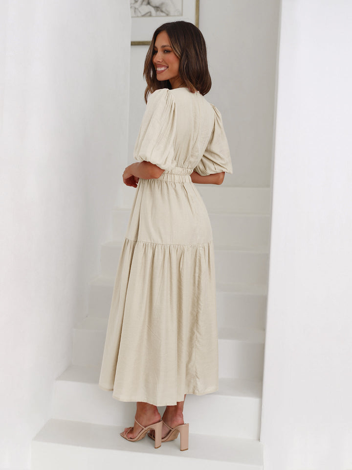 Midi Dress Womens - V-Neck Puff Sleeve Smocked Waist Noir-chic - Heston Manor