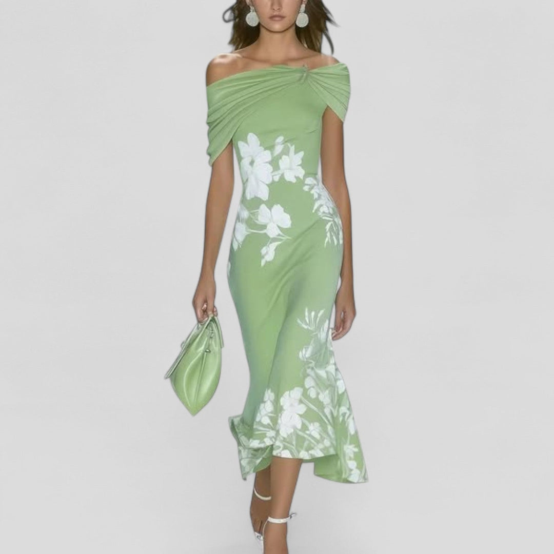 Floral Off-Shoulder Midi Dress Womens - Romantic Ruffle Hem Gliastra - Heston Manor