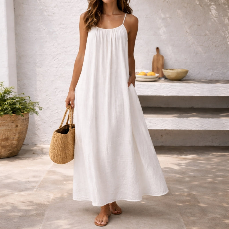 Maxi Sundress Womens - Linen Spaghetti Strap Summer Dress Levara - Heston Manor