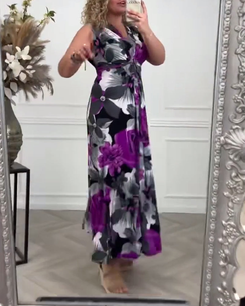 Floral Maxi Dress Womens - Tie-Front Sleeveless V-Neck Rhomea - Heston Manor