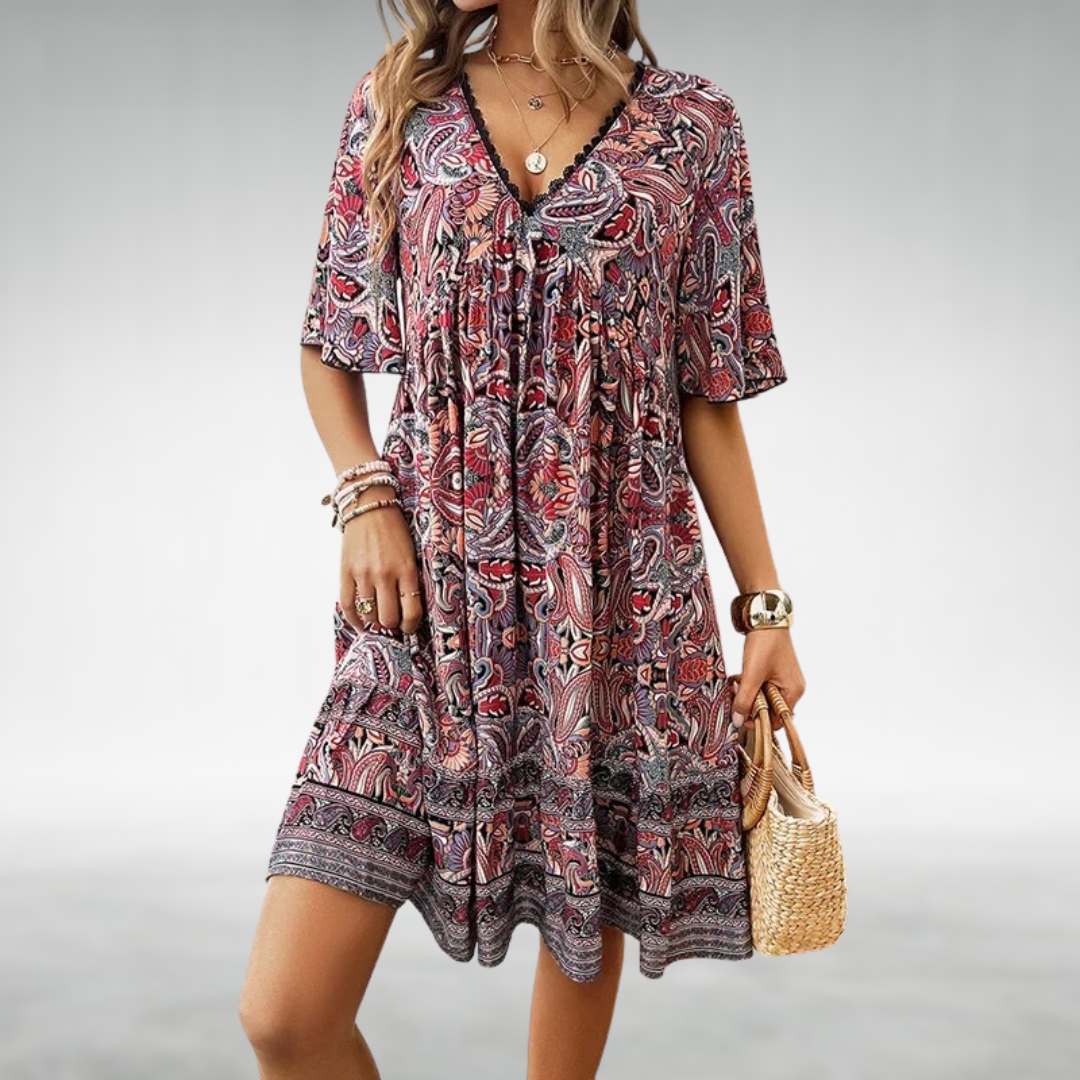Paisley Boho Mini Dress Womens - Vibrant Summer Vacation Attire Sunlina - Heston Manor