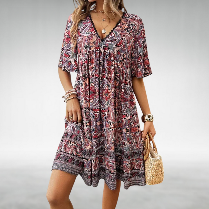 Paisley Boho Mini Dress Womens - Vibrant Summer Vacation Attire Sunlina - Heston Manor
