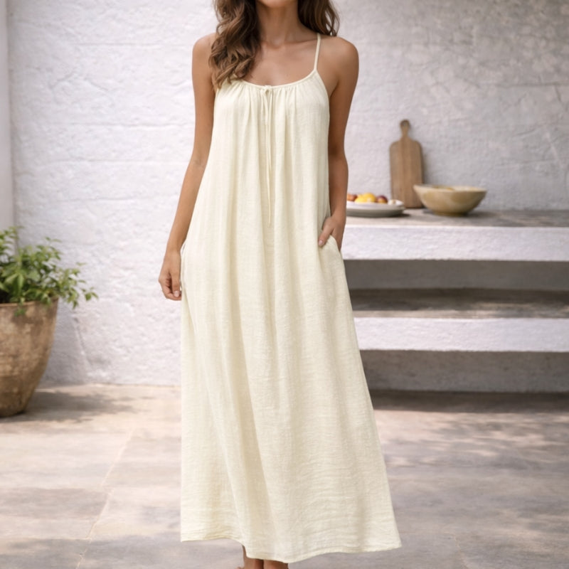 Maxi Sundress Womens - Linen Spaghetti Strap Summer Dress Levara - Heston Manor