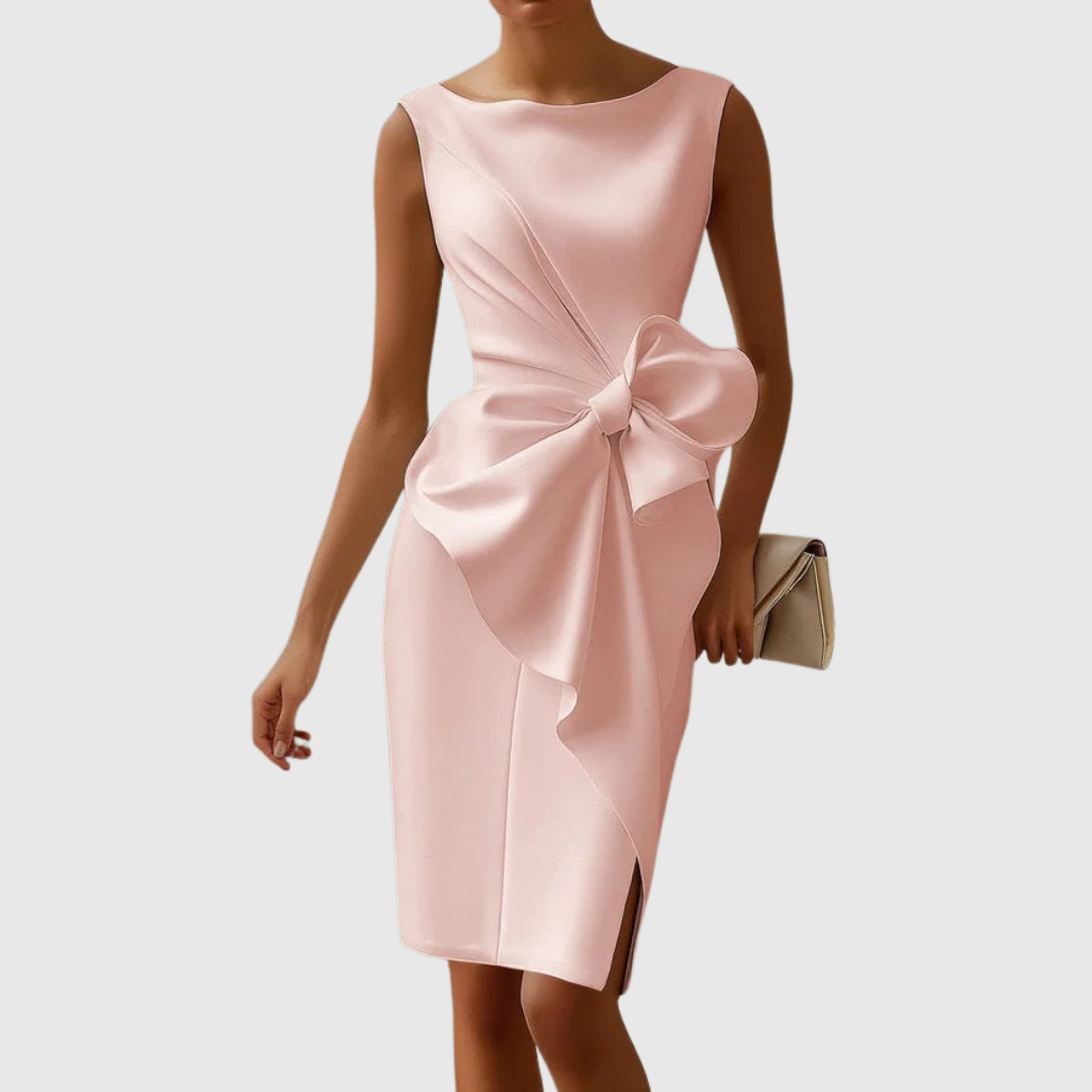 Boat Neck Sleeveless Midi Dress Womens - Sculptural Bow Detail Eloise - Heston Manor