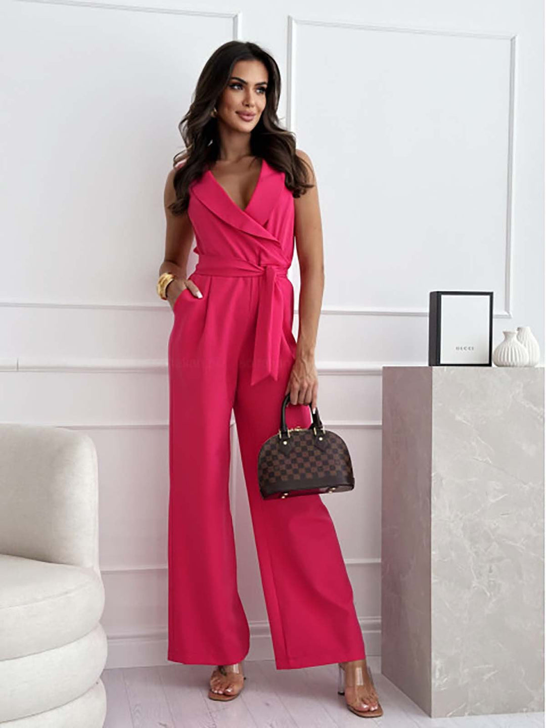 Wrap Jumpsuit Womens - Sleeveless Wide-Leg Belted One-Piece Eloria - Heston Manor