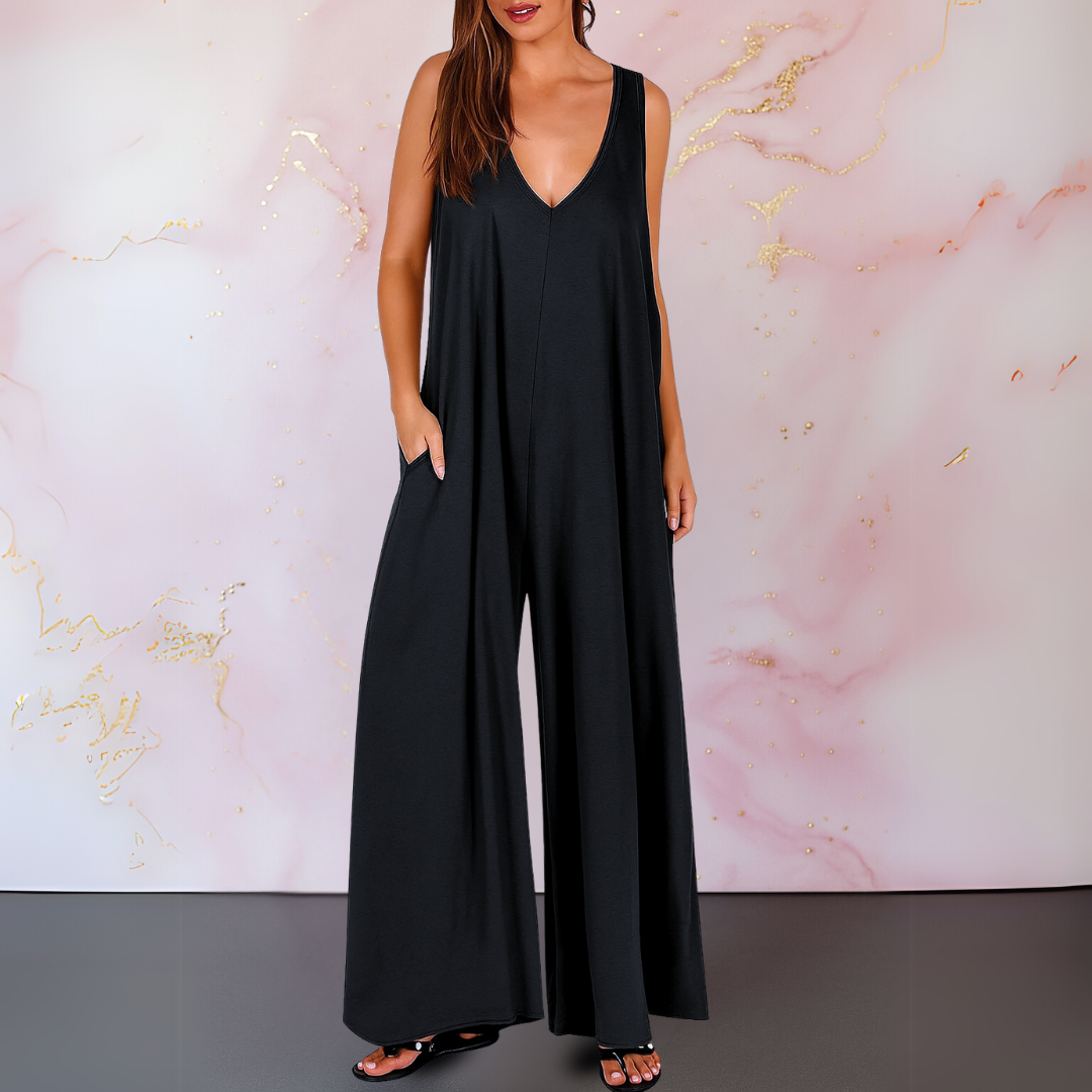V-Neck Jumpsuit Womens - Elegant Wide Leg with Pockets Onyxara - Heston Manor