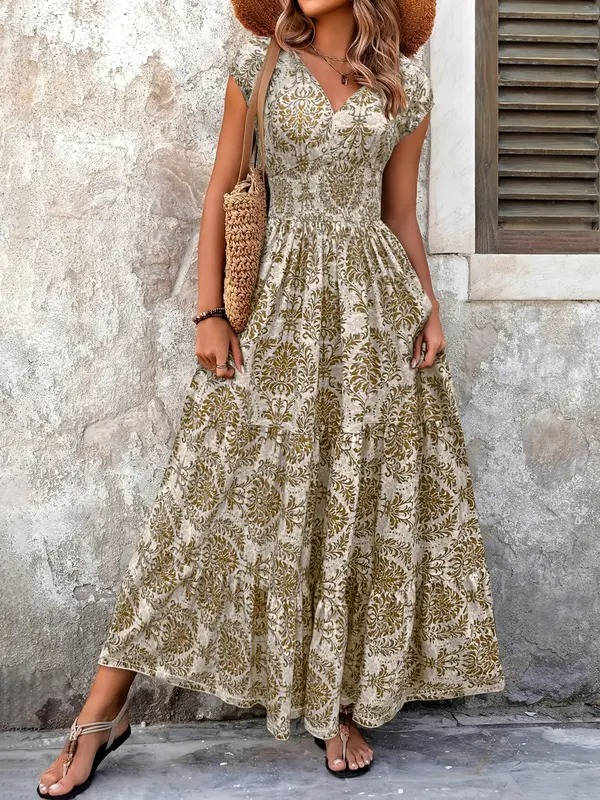 Boho Maxi Dress Womens - Smocked Waist Tiered Skirt SiennaGlow - Heston Manor