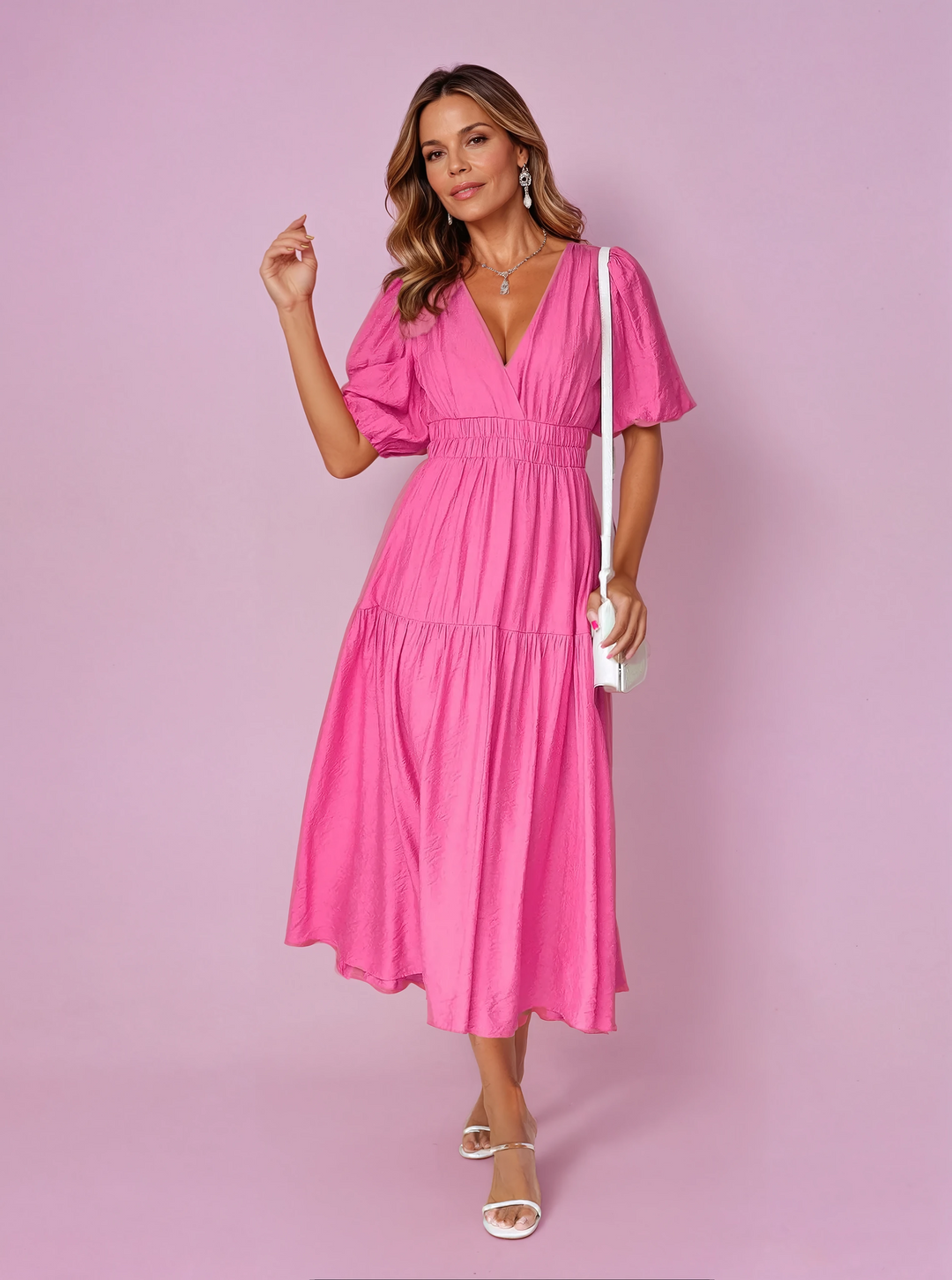 Midi Dress Womens - V-Neck Puff Sleeve Smocked Waist Noir-chic - Heston Manor