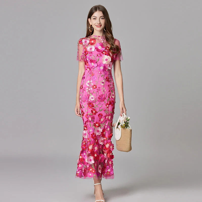 Floral Appliqué Maxi Dress Womens - 3D Sculptural Detail - Aurelia - Heston Manor