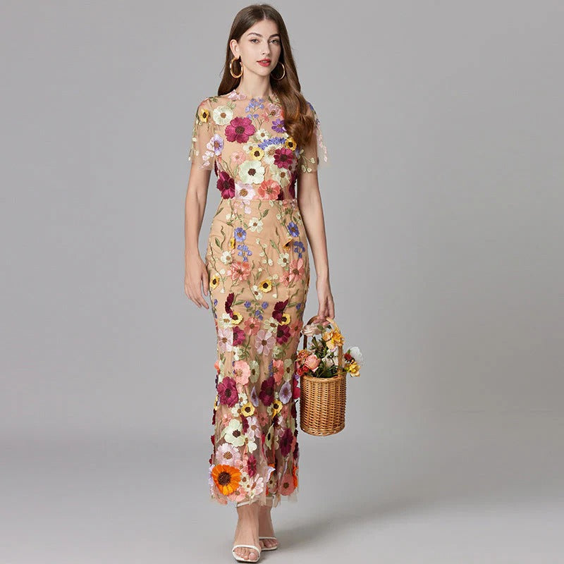 Floral Appliqué Maxi Dress Womens - 3D Sculptural Detail - Aurelia - Heston Manor