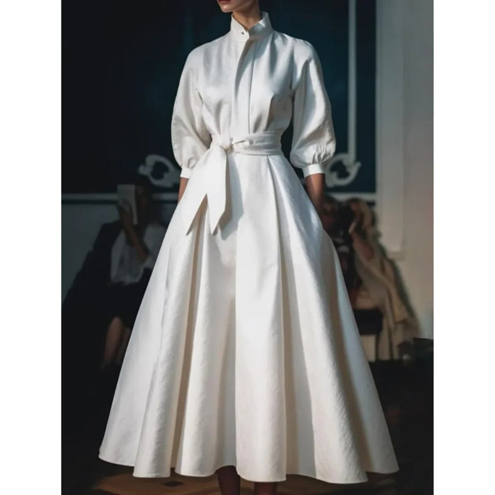 A-Line Midi Dress Womens - Long Sleeve V-Neck with Belt Audrena - Heston Manor