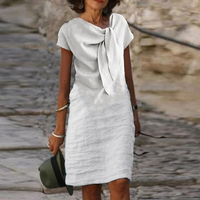 Bow Neck Midi Dress Womens - Elegant Short Sleeve Brunch Outfit Celestine - Heston Manor