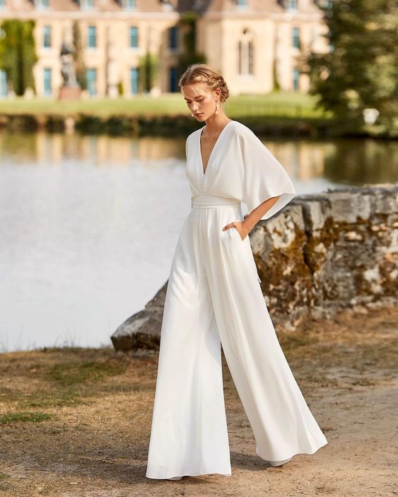 Wide-Leg Jumpsuit Womens - Formal V-Neck Batwing Sleeve Elegance Roselina - Heston Manor