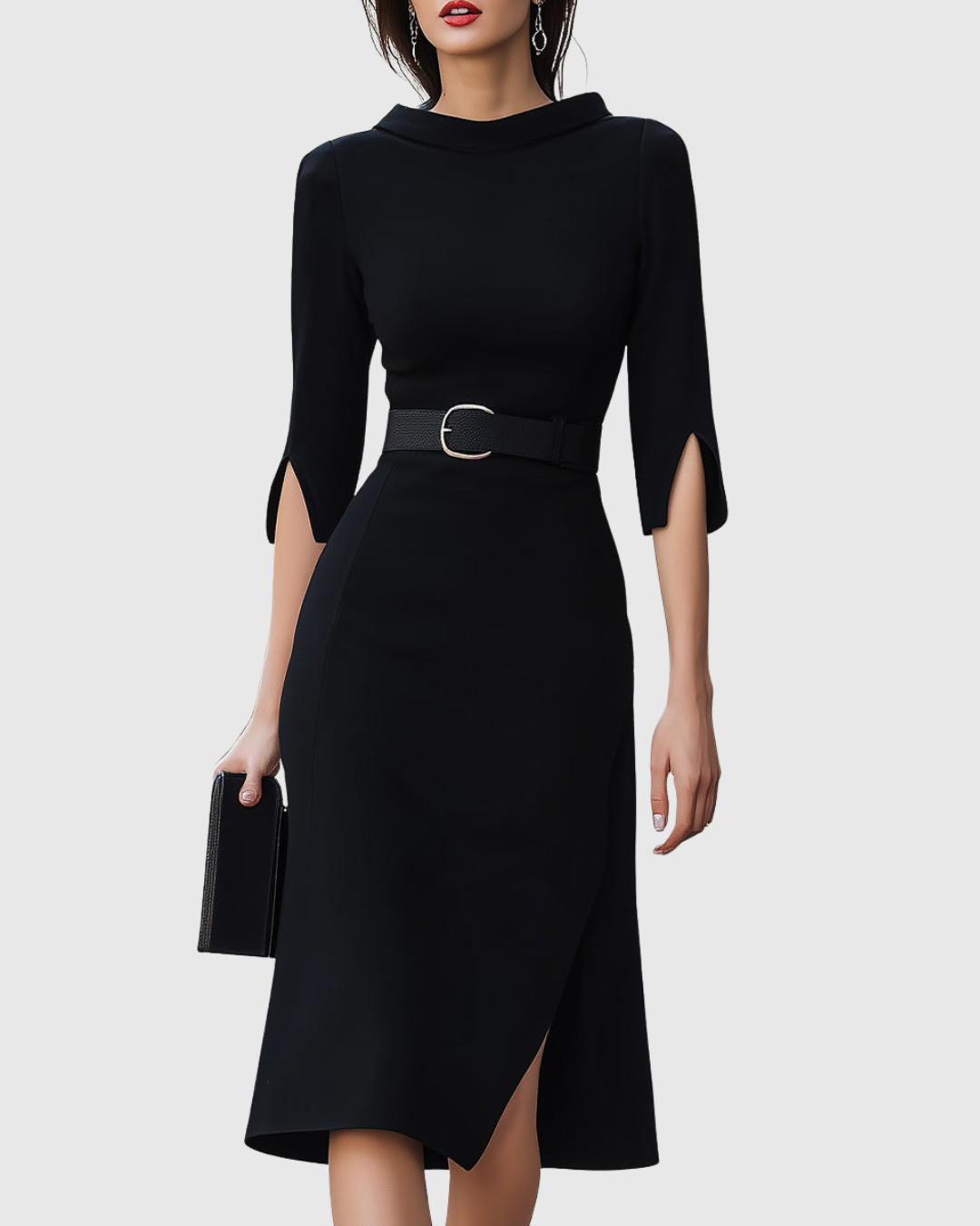 Midi Dress Womens - Belted Mock Neck with Split Sleeves Nocturne - Heston Manor