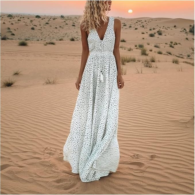 Polka Dot Maxi Dress Womens - Boho Flowy Draped Style Velora - Heston Manor