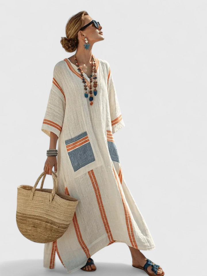 V-Neck Kaftan Maxi Dress Womens - Stripe Detail Summer Style Seraphina - Heston Manor