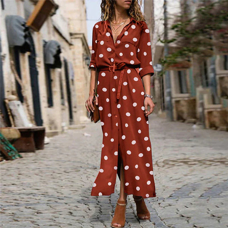 Polka Dot Maxi Dress Womens - Button-Down Long Sleeve with Waist Tie Merrill - Heston Manor