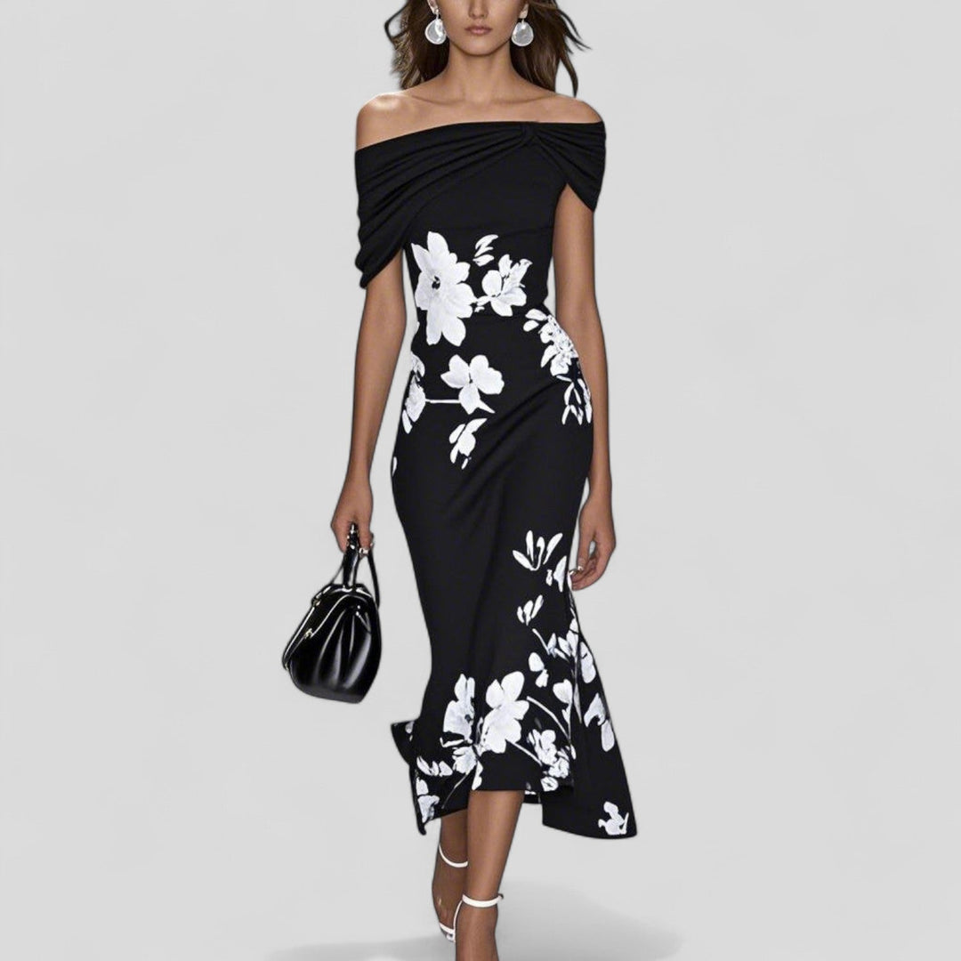 Floral Off-Shoulder Midi Dress Womens - Romantic Ruffle Hem Gliastra - Heston Manor