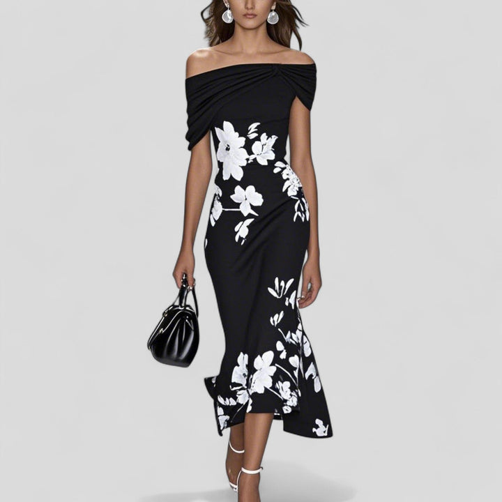 Floral Off-Shoulder Midi Dress Womens - Romantic Ruffle Hem Gliastra - Heston Manor