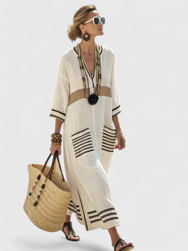 V-Neck Kaftan Maxi Dress Womens - Stripe Detail Summer Style Seraphina - Heston Manor