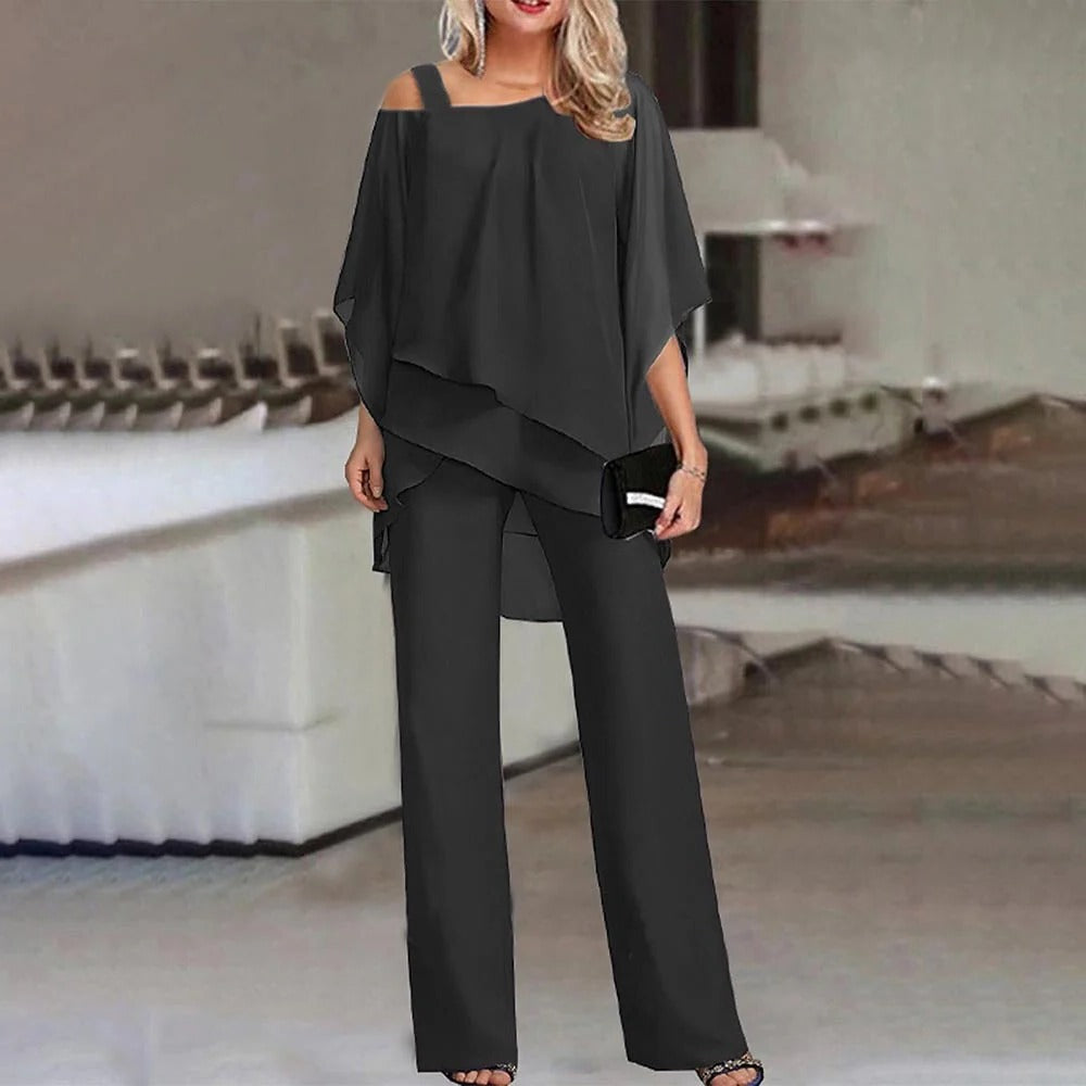 Cold Shoulder Jumpsuit Womens - Chiffon Overlay Wide Leg Elegance Elara - Heston Manor