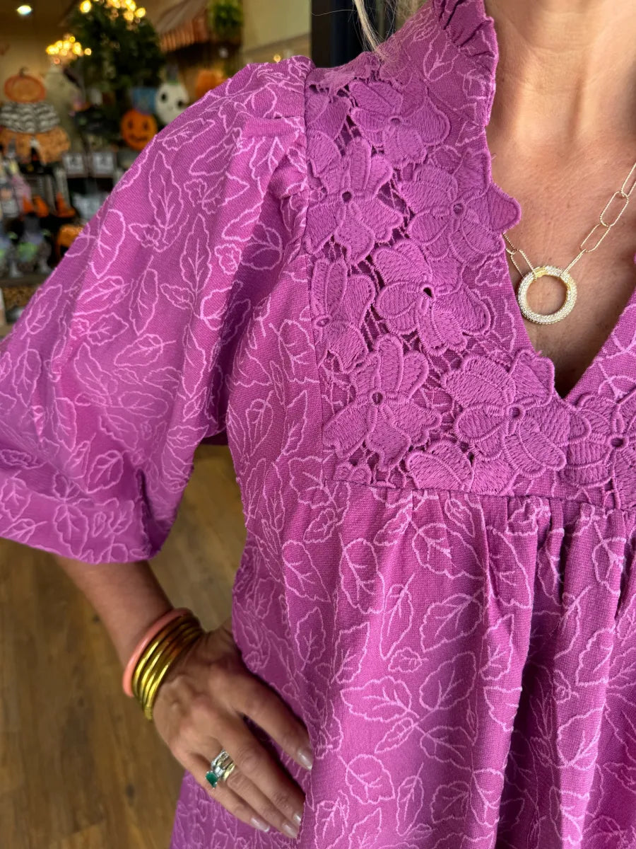 Puff Sleeve Mini Dress Womens - Ruffled V-Neck Babydoll Magenta Zyla - Heston Manor