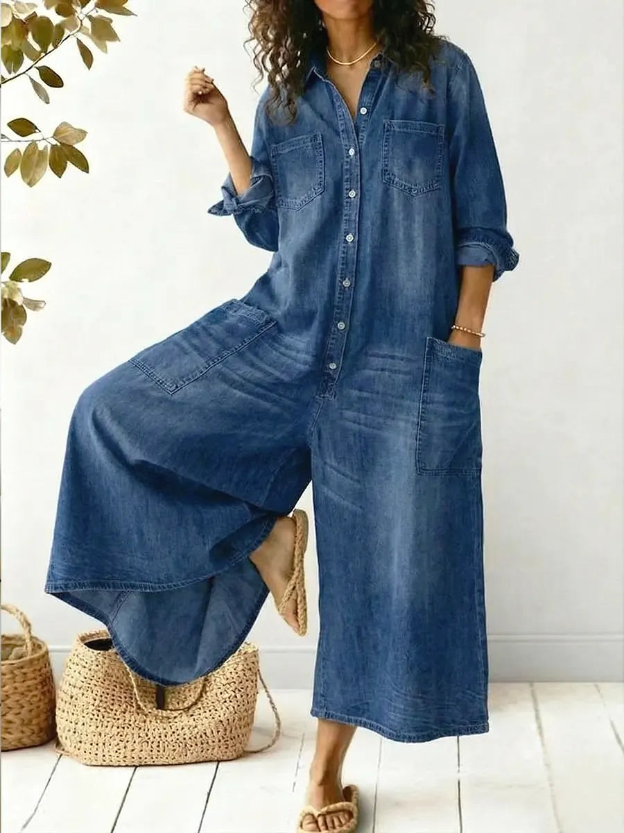 Denim Jumpsuit Womens - Wide Leg Long Sleeve One-Piece Jealyn - Heston Manor