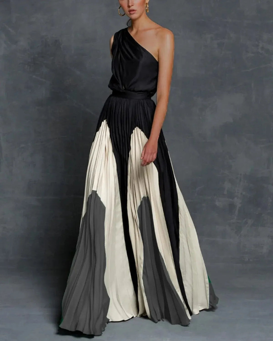 One-Shoulder Maxi Dress Womens - Color Block Pleated Elegance Vivara - Heston Manor