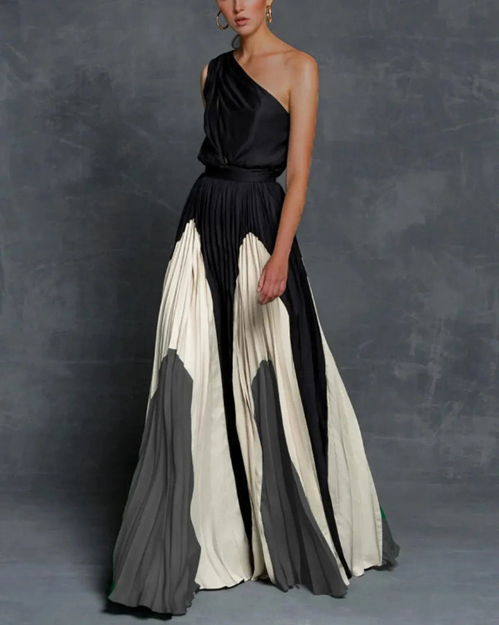 One-Shoulder Maxi Dress Womens - Color Block Pleated Elegance Vivara - Heston Manor