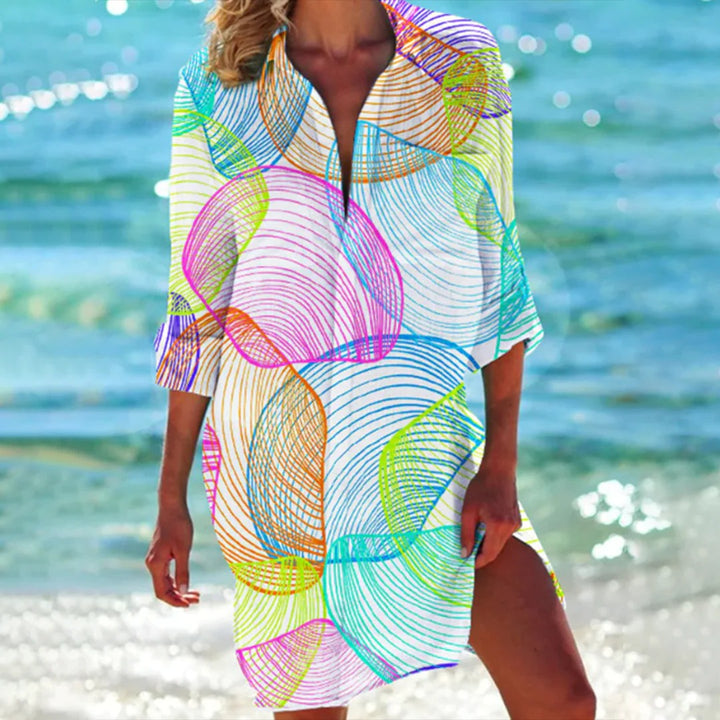 Tropical Print Shirt Dress Womens - Beach Cover-Up 3/4 Sleeve BreezeCoral - Heston Manor
