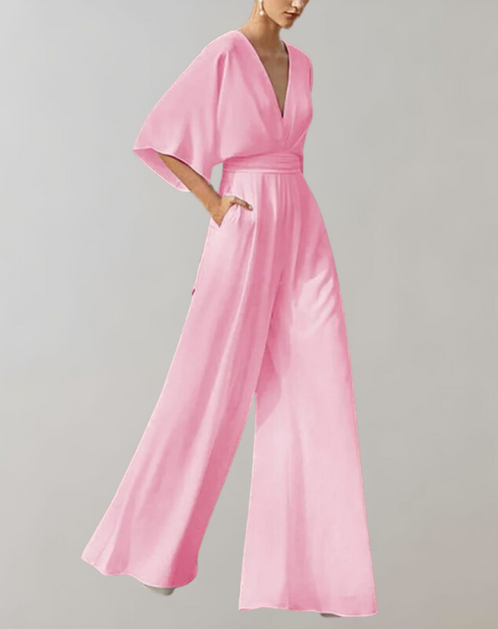 Wide-Leg Jumpsuit Womens - Formal V-Neck Batwing Sleeve Elegance Roselina - Heston Manor
