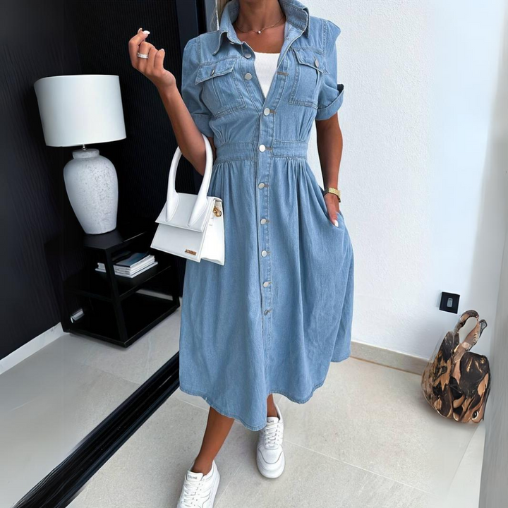 Denim Midi Dress Womens - Button-Up Short Sleeve Spring Style Calira - Heston Manor
