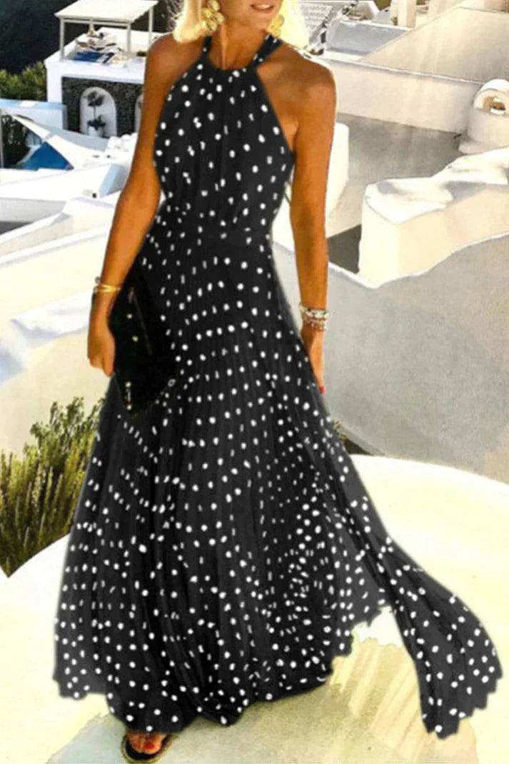 Halter Neck Maxi Dress Womens - Boho Print Pleated Vacation Apparel Zorina - Heston Manor