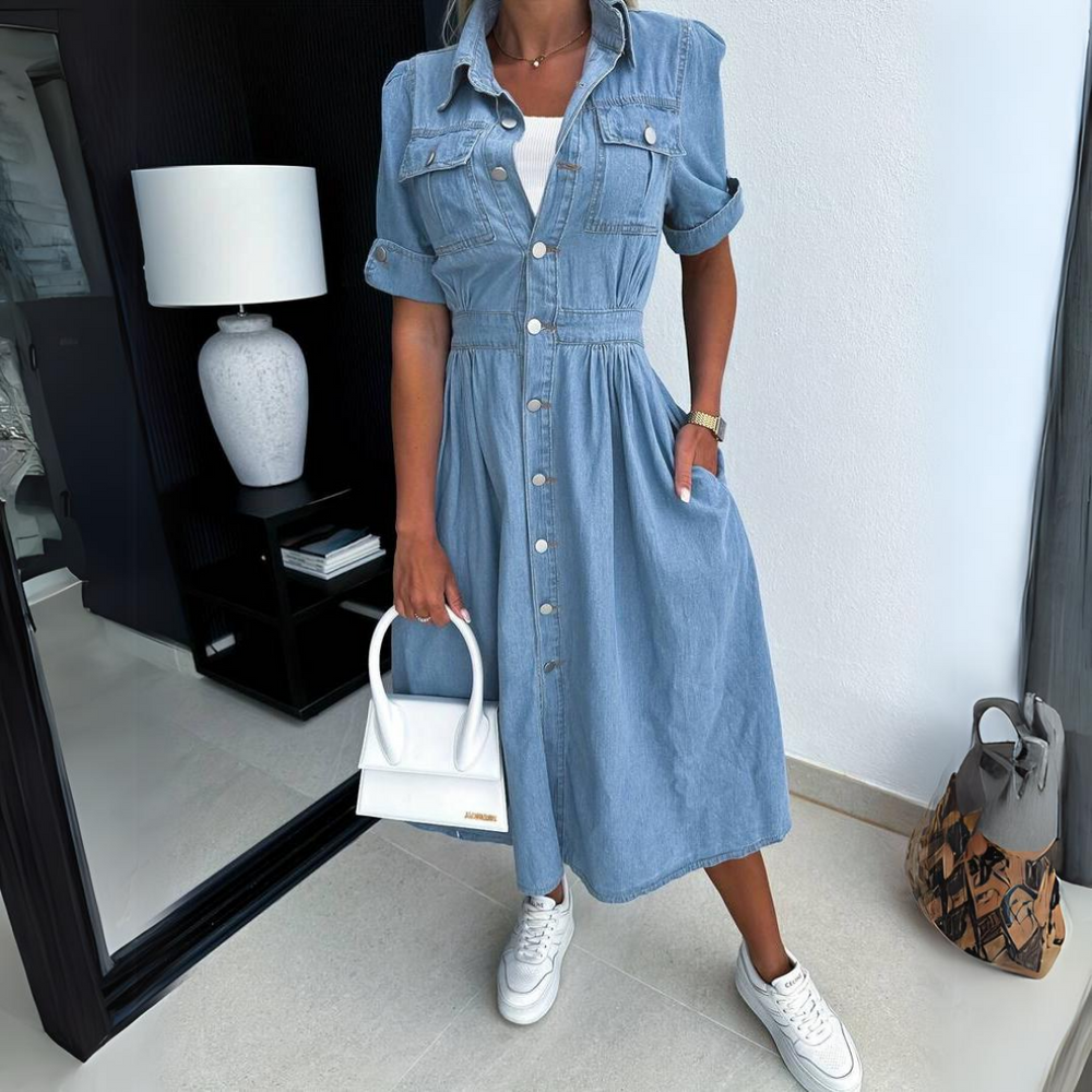 Denim Midi Dress Womens - Button-Up Short Sleeve Spring Style Calira - Heston Manor