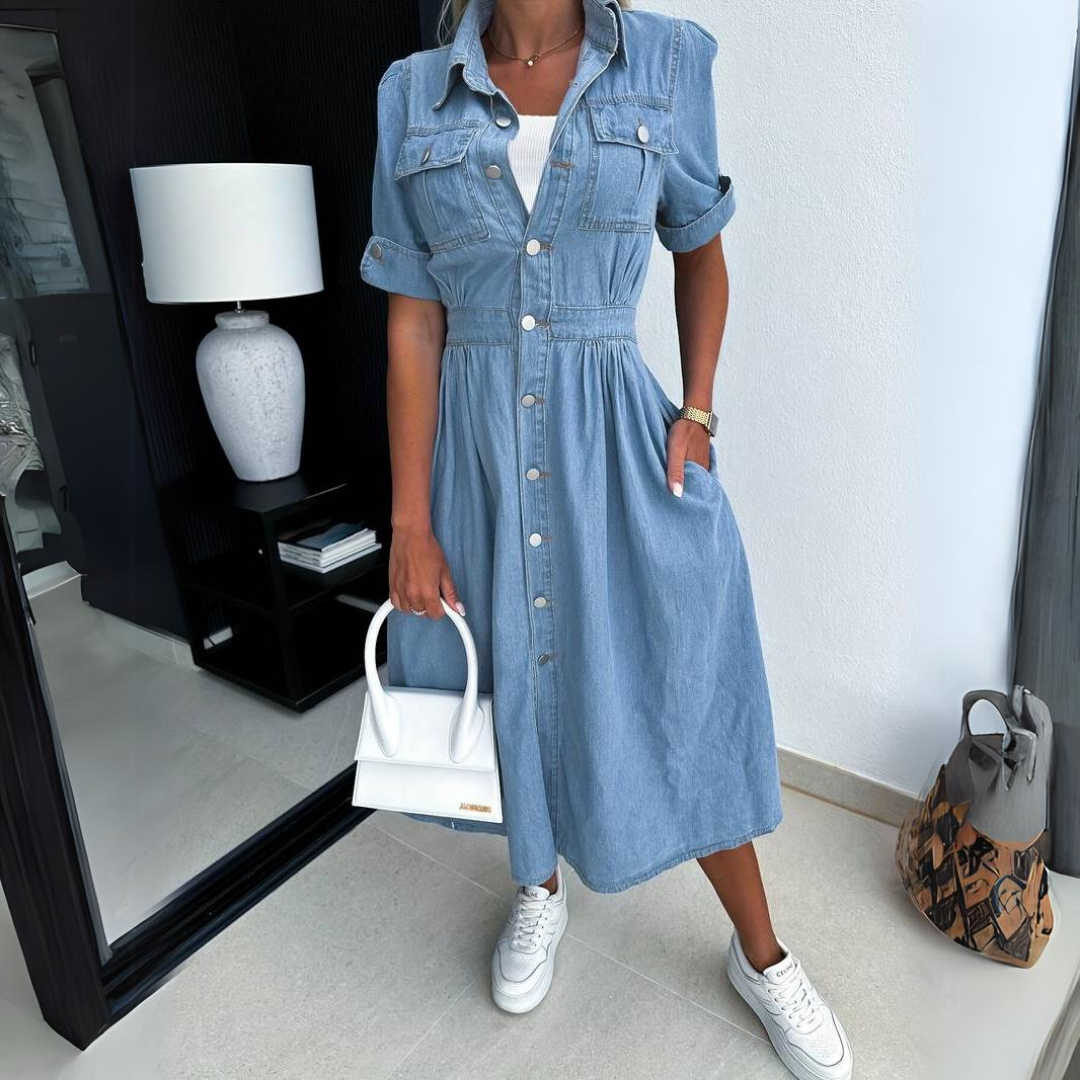 Denim Midi Dress Womens - Button-Up Short Sleeve Spring Style Calira - Heston Manor
