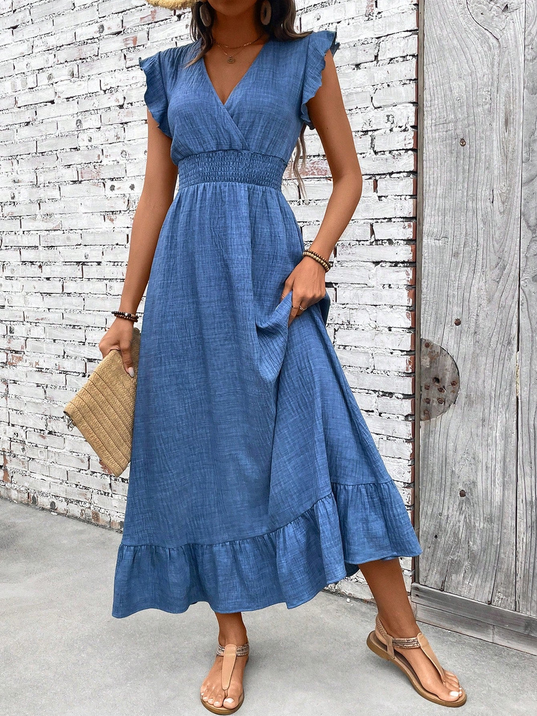 Maxi Dress Womens - V-Neck Smocked Waist Ruffle Hem Lucelle - Heston Manor