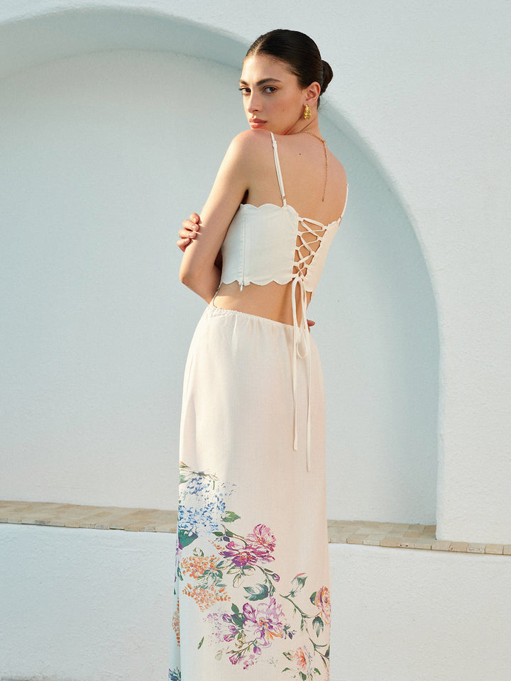 Floral Maxi Dress Womens - Cutout Waist Scallop Hem Sundress Pira - Heston Manor