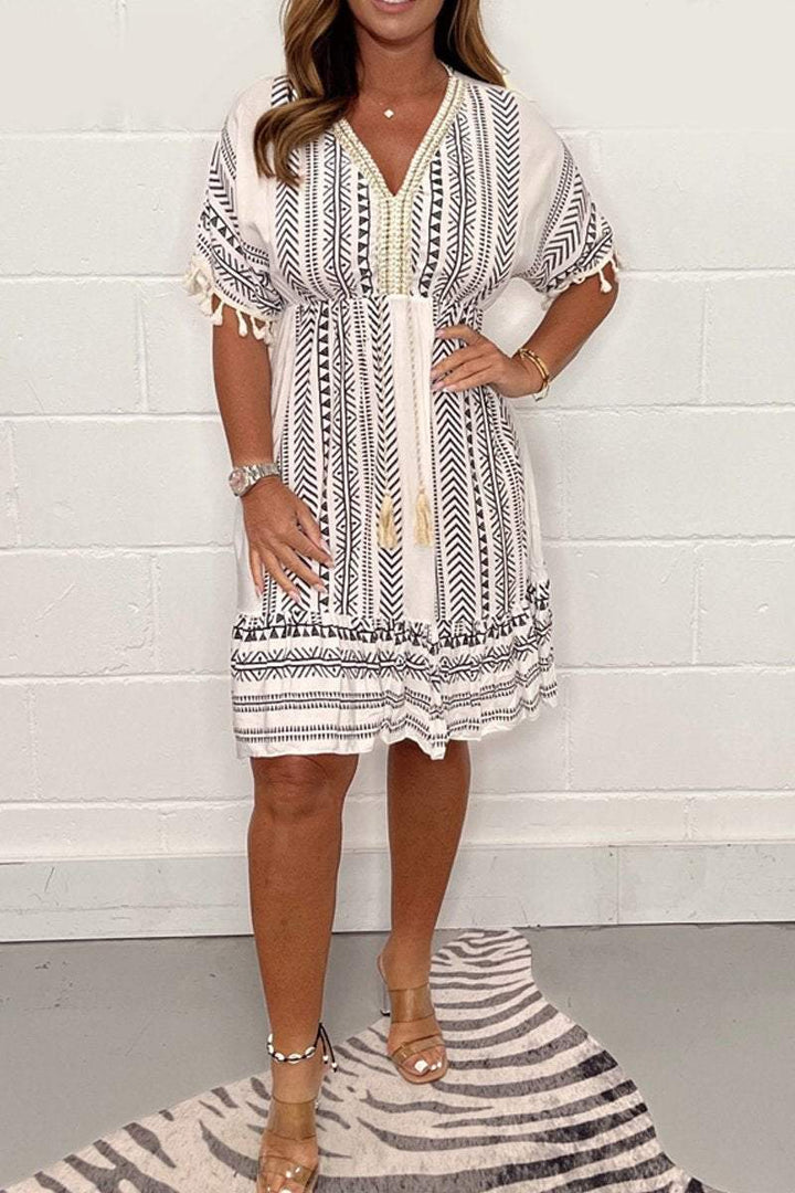 Boho Print Mini Dress Womens - V-Neck Tassel Summer Wear Soluna - Heston Manor