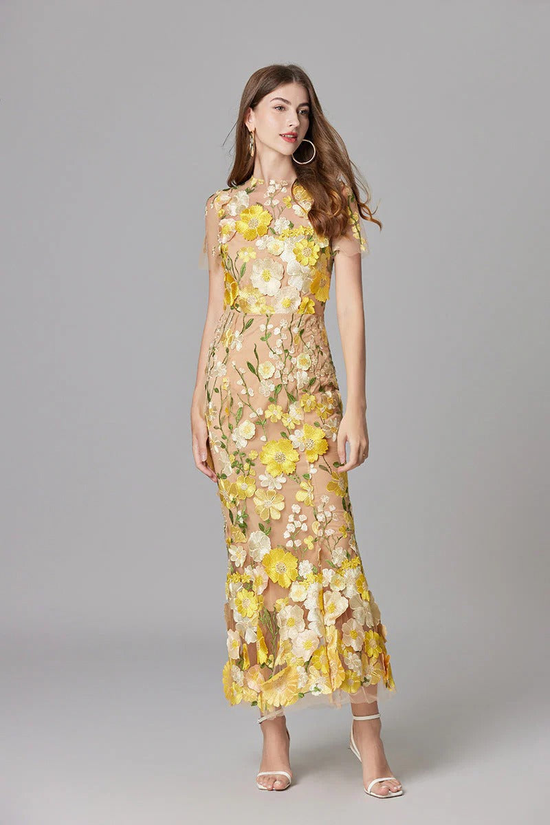 Floral Appliqué Maxi Dress Womens - 3D Sculptural Detail - Aurelia - Heston Manor