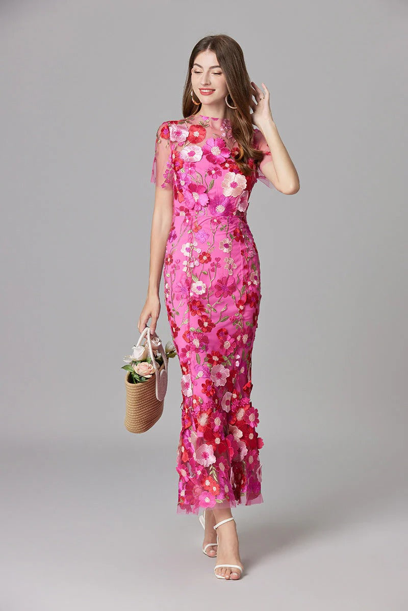 Floral Appliqué Maxi Dress Womens - 3D Sculptural Detail - Aurelia - Heston Manor