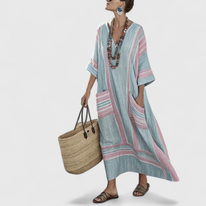 Linen Maxi Dress Womens - Striped Boho V-Neck with Pockets Zarina - Heston Manor