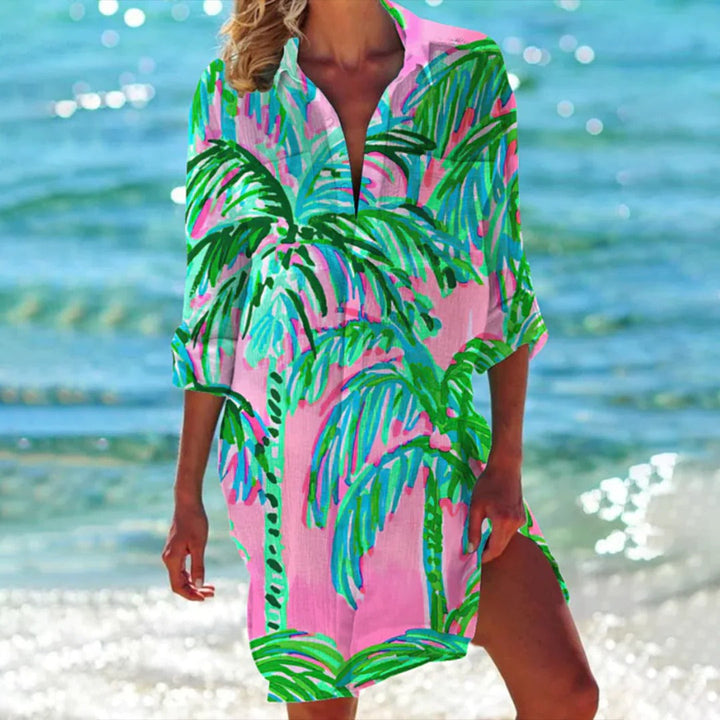Tropical Print Shirt Dress Womens - Beach Cover-Up 3/4 Sleeve BreezeCoral - Heston Manor