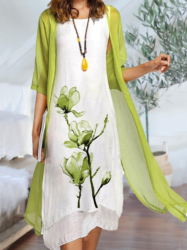 Floral Two-Piece Dress Set Womens - Ink-Painted Magnolia & Sheer Cardigan Bloora - Heston Manor