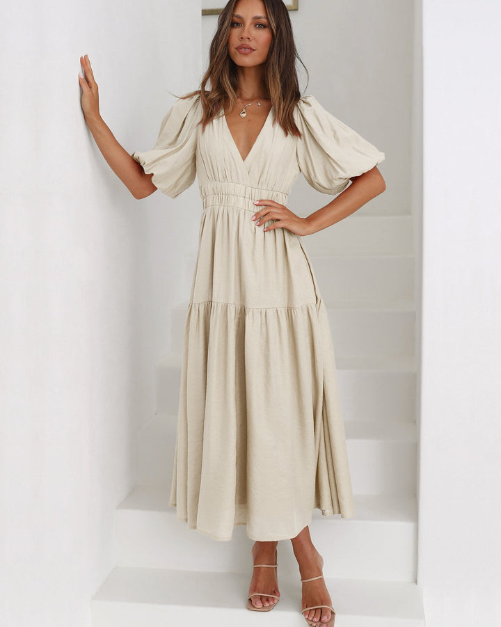 Midi Dress Womens - V-Neck Puff Sleeve Smocked Waist Noir-chic - Heston Manor