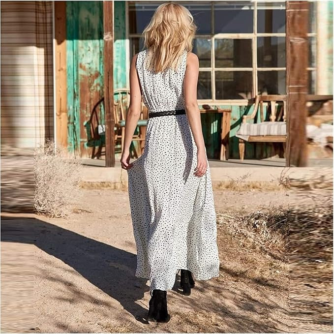 Polka Dot Maxi Dress Womens - Boho Flowy Draped Style Velora - Heston Manor