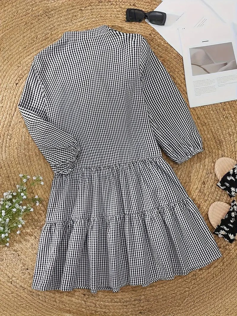 Gingham Print Mini Dress Womens - Button-Down 3/4 Sleeve Rosievita - Heston Manor