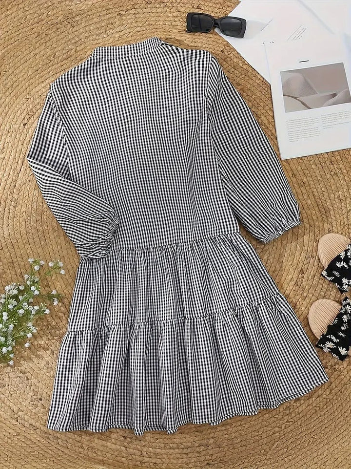Gingham Print Mini Dress Womens - Button-Down 3/4 Sleeve Rosievita - Heston Manor