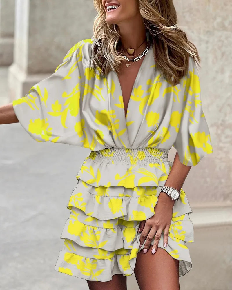 Ruffle Mini Dress Womens - Vibrant Boho V-Neck Fit Lunalie - Heston Manor