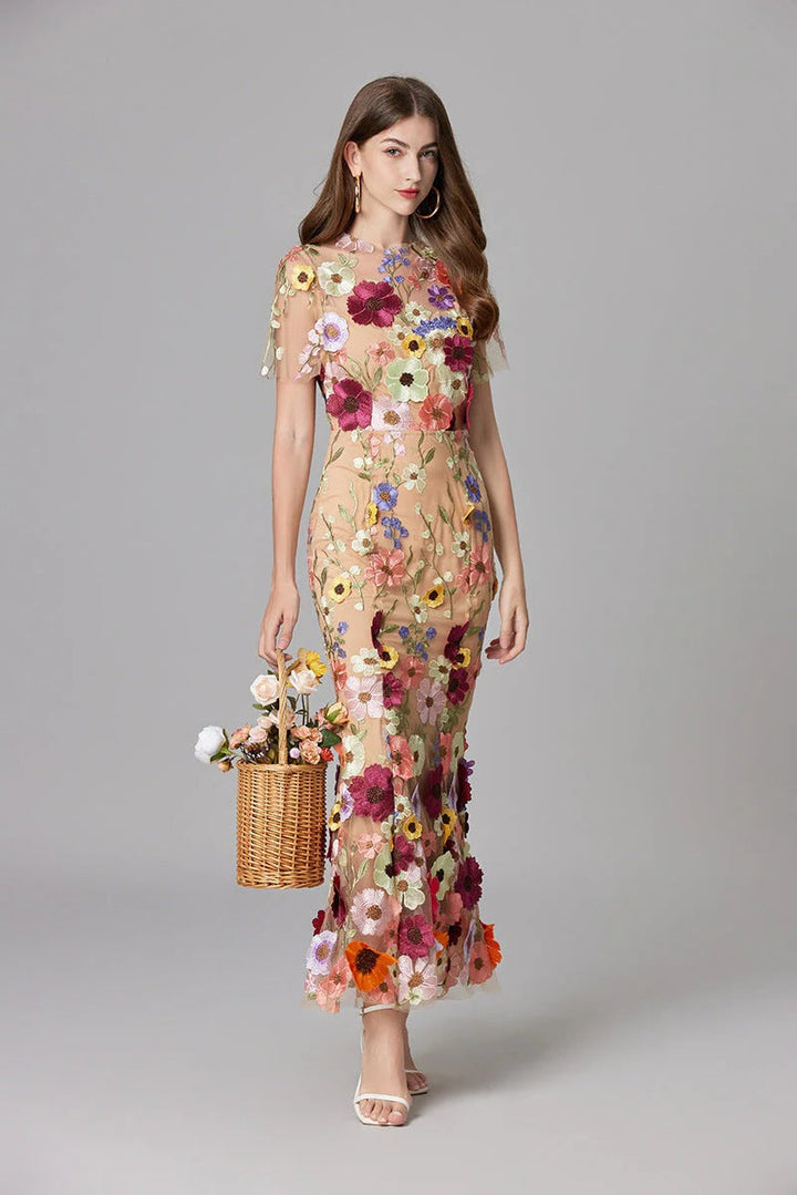 Floral Appliqué Maxi Dress Womens - 3D Sculptural Detail - Aurelia - Heston Manor